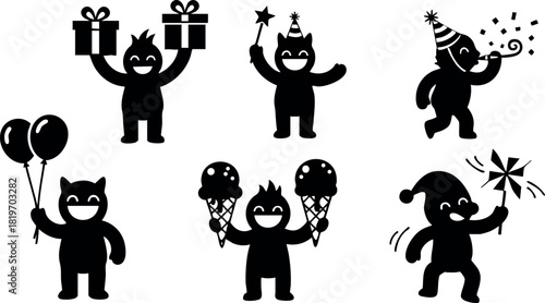 Happy cartoon people celebrating party with balloons gifts and sparklers vector illustration