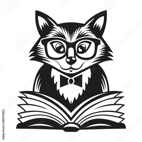 Sophisticated fox wearing glasses and a bow tie joyfully opens and reads an elaborate book