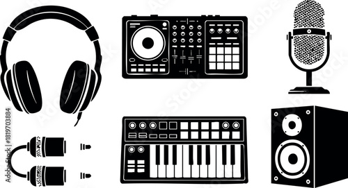 Audio equipment headphones dj mixer microphone speaker and keyboard instruments vector illustration
