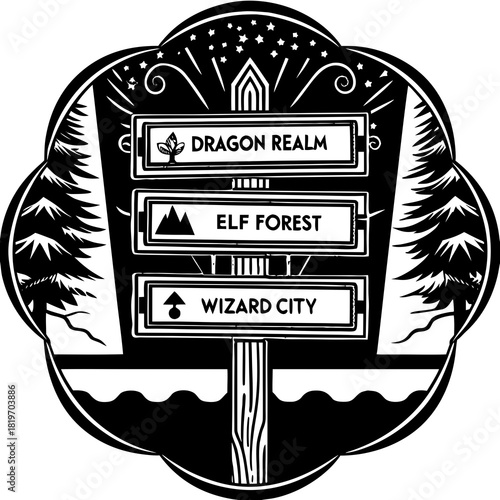 A fantasy world airport where destinations lead to mythical realms shown on a split-flap sign.