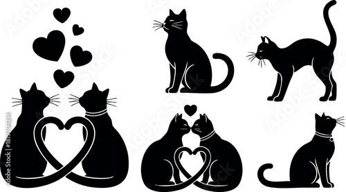 Cat silhouettes with heart shapes love romance affection animal vector illustration