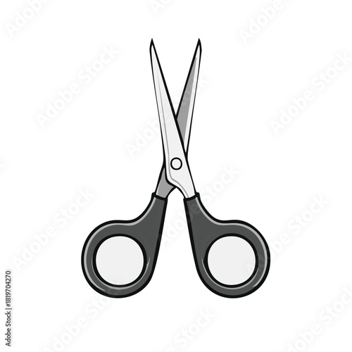 Simple cartoon vector illustration of a pair of open scissors with black plastic handles