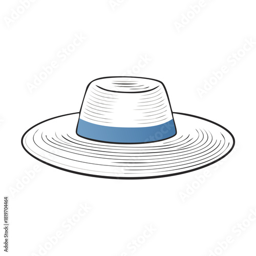 Flat-brimmed straw hat with blue ribbon band for summer fashion and sun protection
