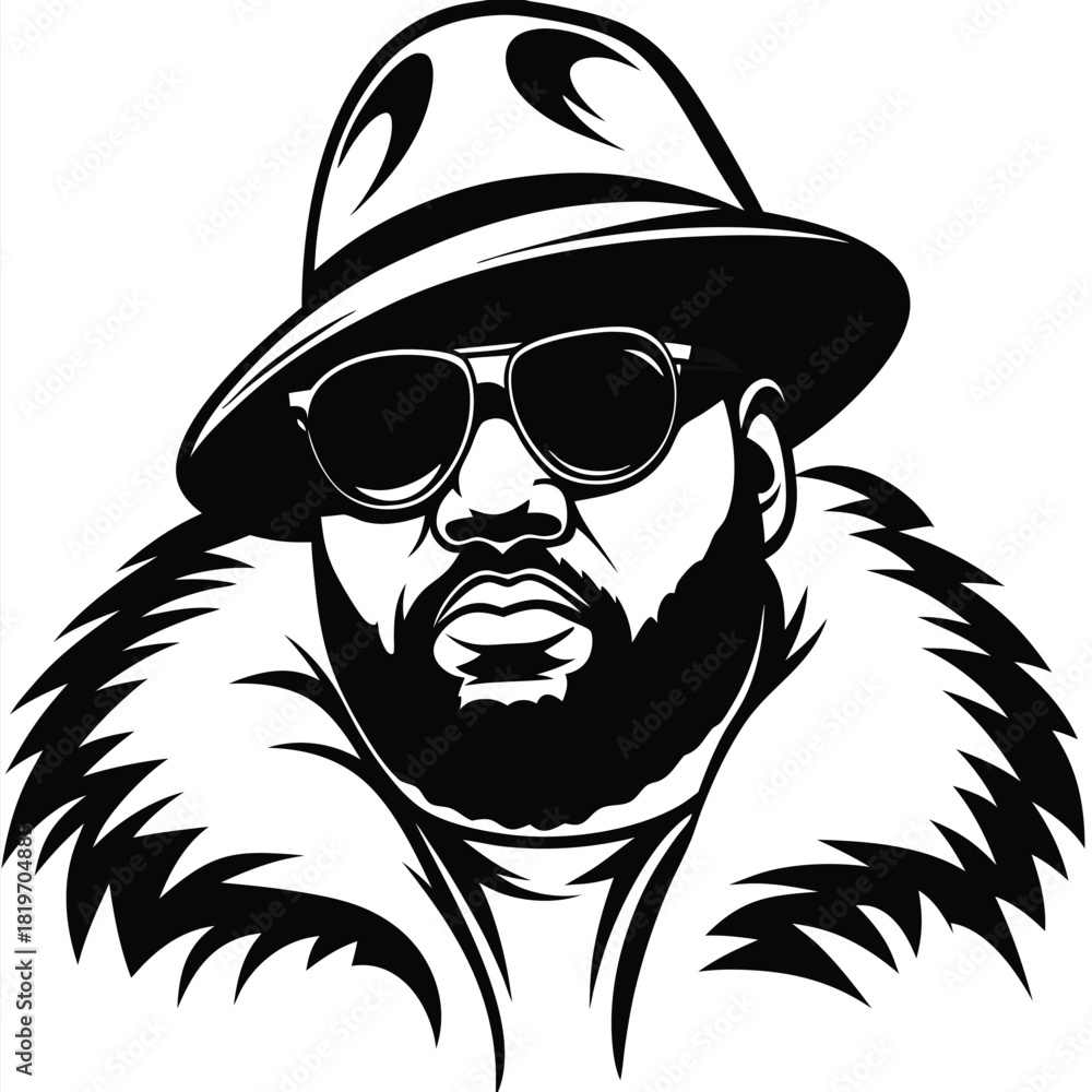 Obraz premium Monochrome man dons round sunglasses and a luxurious fur coat with fedora stylishly