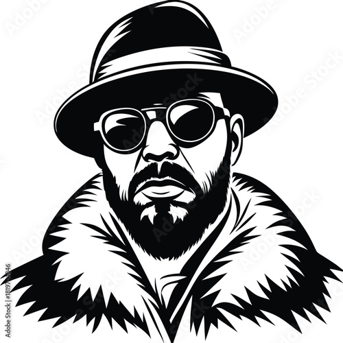 portrayal shows a bearded black man wearing a hat and fur collar