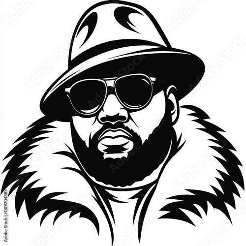 Monochrome man dons round sunglasses and a luxurious fur coat with fedora stylishly