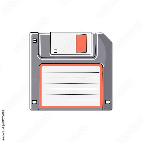Illustration of a grey floppy disk with a coral colored details for data storage