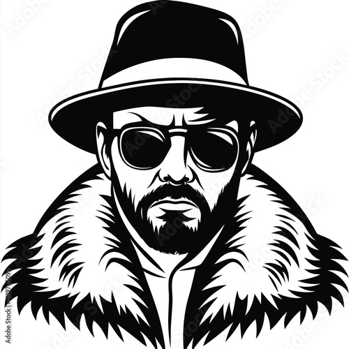 Serious man wearing sunglasses and hat poses in his large fur collar coat