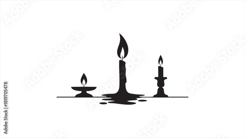 Minimalist graphic vector of three lit candles in various holders, with dripping wax on an isolated white background
