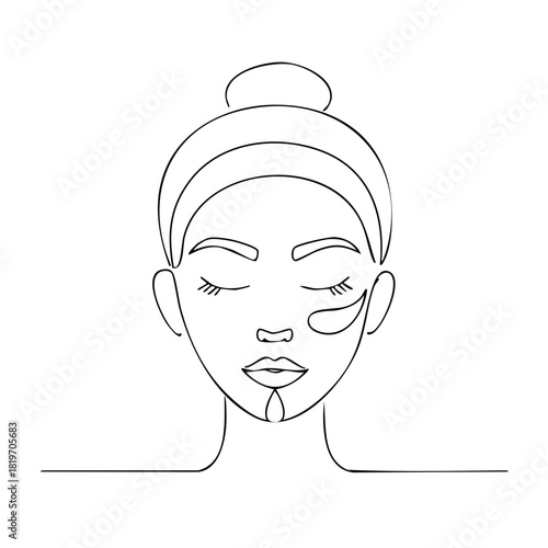 Minimalist line art of a woman's face with skincare under her eyes and on her chin