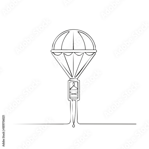 Continuous line art illustration of a parachute and torch symbol