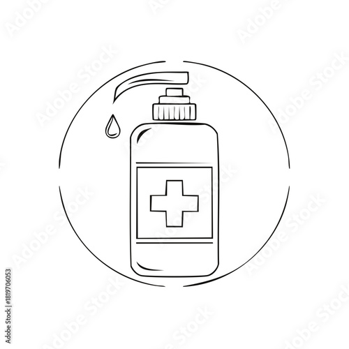 Hand sanitizer dispenser bottle with medical cross symbol line art icon