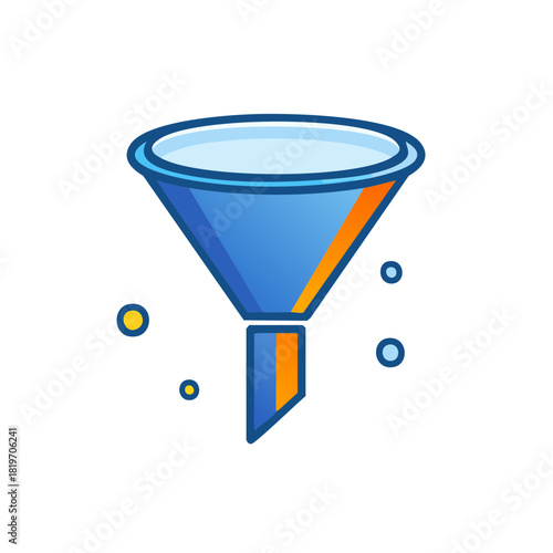 Blue and orange funnel icon with scattered dots symbolizing filtration or separation process