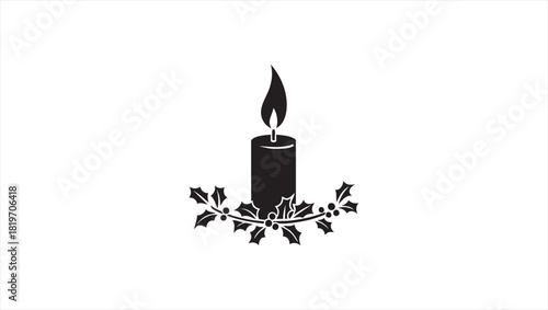 Black candle with holly leaves and berries, elegant holiday decoration or memorial symbol, isolated on white