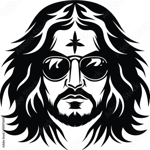 Monochrome bearded man featuring sunglasses and flowing hair displays distinct facial details artistically