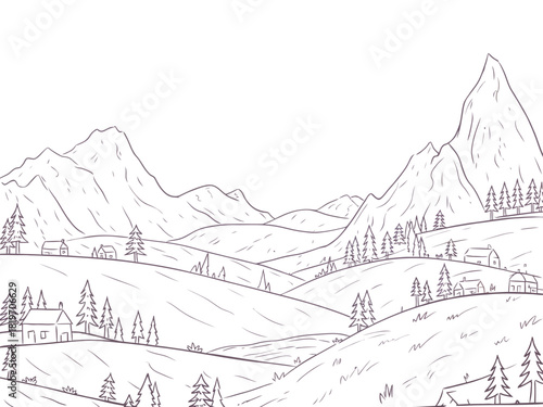 Outline drawing of mountain landscape with houses and trees