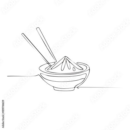 One line drawing of a bowl of Asian noodles with chopsticks. Minimalist food vector illustration