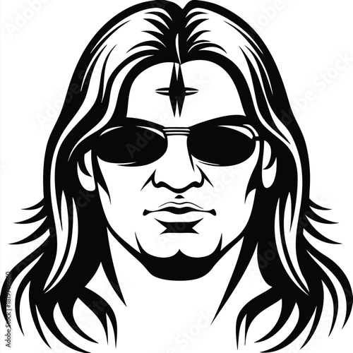 Mysterious man with sunglasses and long hair displays a unique star mark on forehead