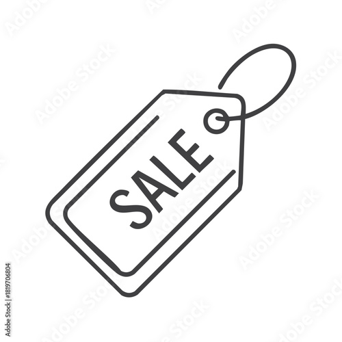 Simple line art graphic of a sale tag with a looped string attachment
