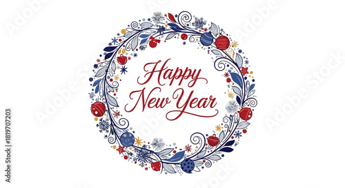 A festive circular wreath design with the words 'Happy New Year' in elegant script, perfect for holiday greetings.