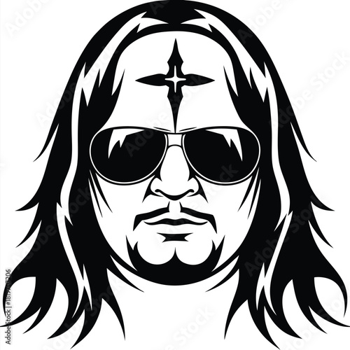 Monochrome portrait showcases an unshaven, bearded man with long hair wearing sunglasses and a cross on his forehead