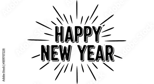 Festive 'Happy New Year' greeting in bold black lettering with a celebratory starburst design.
