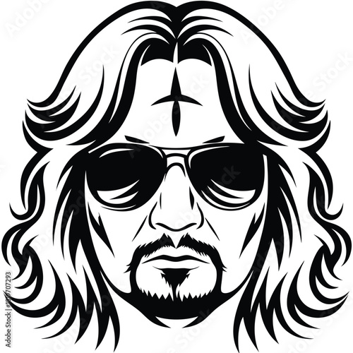 The man with sunglasses and a beard has long hair in black outline