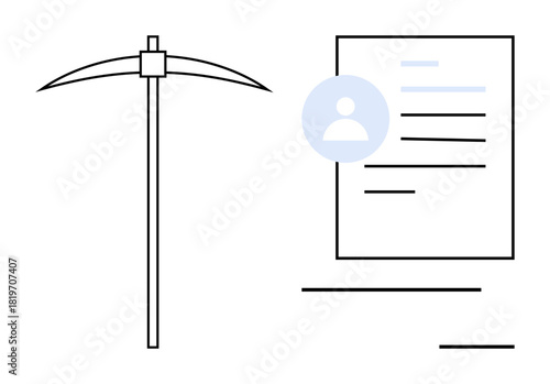 Pickaxe and document with user profile symbol suggest resource mining and data analysis. Ideal for data mining, insights extraction, technology, research, user profiles, analytics, simple flat