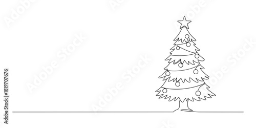 Minimalist Christmas tree with star and baubles in monochrome line art style representing holiday spirit and festive decor