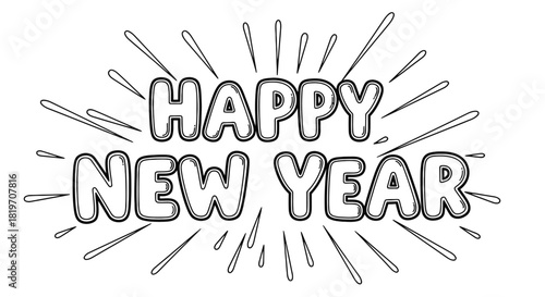 Black and white line art illustration of 'HAPPY NEW YEAR' text with radiating burst lines, festive and celebratory design.