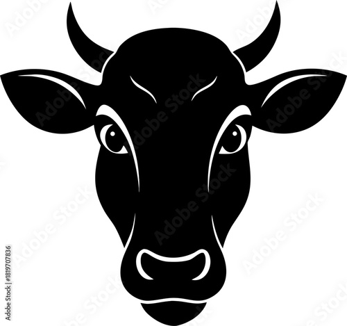 Cow head silhouette icon, black solid, white background