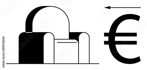 Euro symbol. The euro symbol paired with geometric shapes signifies financial transactions and currency movement. Euro symbol usage includes business, banking, trade, and economics visuals