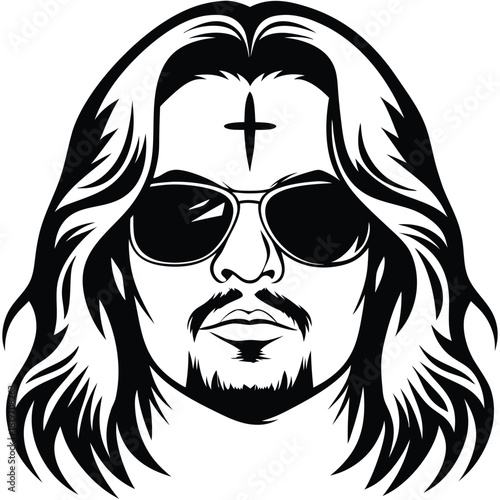Monochrome face shows dark sunglasses, cross forehead, and long hair in a stylized artwork