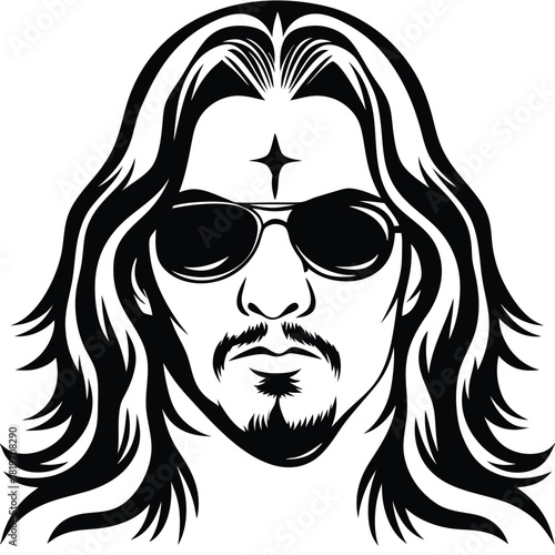 Man with sunglasses, long hair and goatee, stylized in black and white