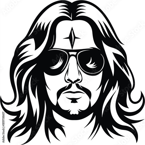Man with wavy hair, goatee, and glasses gazes intensely in monochrome art