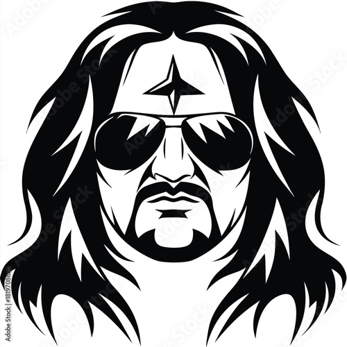 Monochrome man with long hair and sunglasses has a star tattoo on forehead