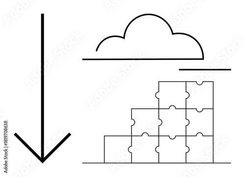 Cloud computing concept. Cloud internet storage while puzzle elements data integration. The download arrow indicates data transfers. Ideal for teamwork, storage, integration, technology innovation