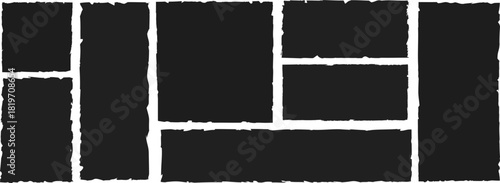  Black torn paper pieces with rough edges and grunge texture. Ripped rectangle frames vector set for collage art, sticker mockup, text box, label design and isolated elements