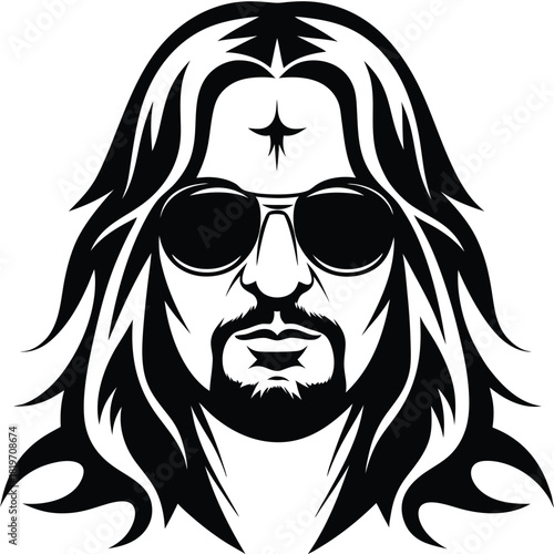 Stylish man with flowing hair and sunglasses showcases bold black and white art