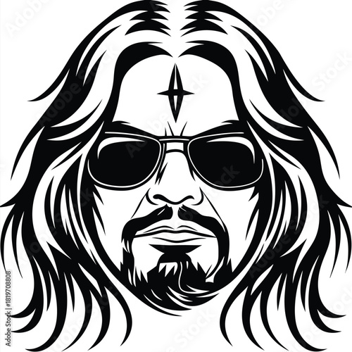Stern man with sunglasses and long flowing hair stares intently forward; black and white