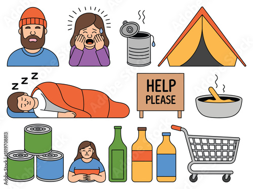 Illustration depicting homelessness and poverty with various items