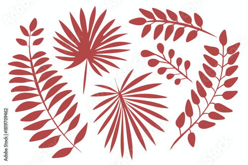 Maroon foliage with tropical leaves provides a nature inspired botanical organic feel on white