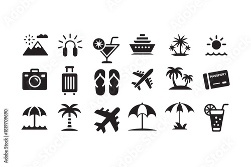 a collection of black travel icons depicting summer vacation elements like beaches drinks and luggage silhouette