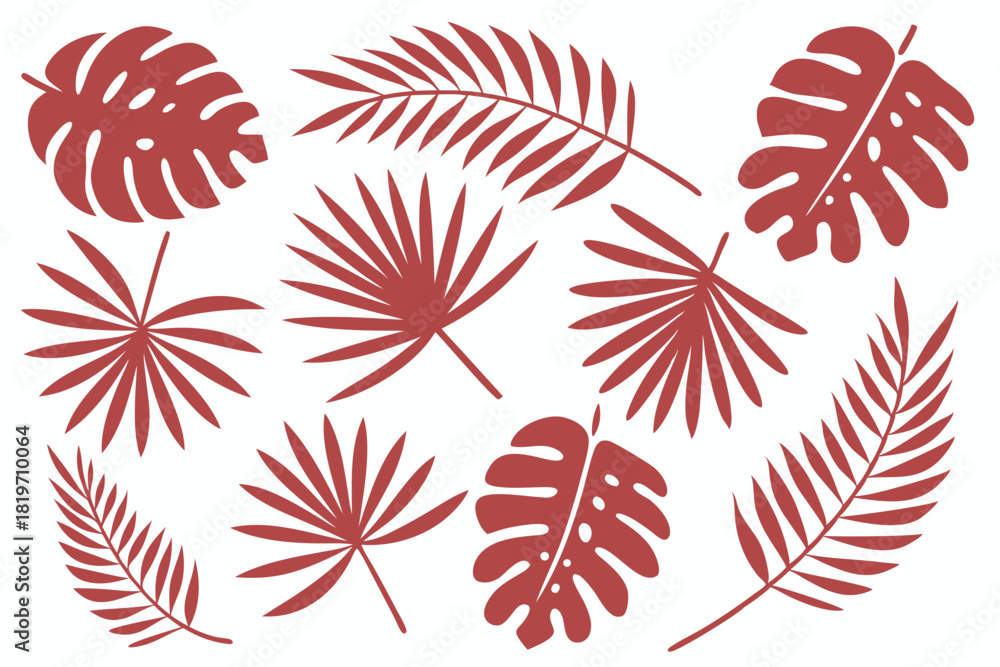 Fototapeta premium Tropical burgundy leaves scatter with botanical patterns on a clean white background to evoke nature