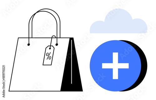 Online shopping concept. A shopping bag with a discount tag and a cloud, online commerce. Online shopping integrates technology, driving sales and customer convenience. For retail, e-commerce