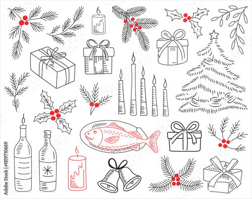 A festive collection of hand drawn christmas elements gifts and winter decor