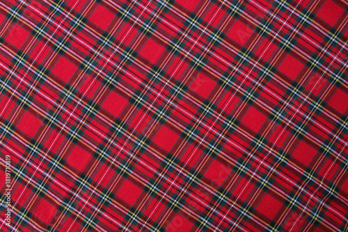 Christmas Tartan Plaid Seamless Design Checkered plaid. Cloth Pattern background of Scottish style. new year textile decorations. Red, Green yellow Black top view. empty tablecloth table cloth texture