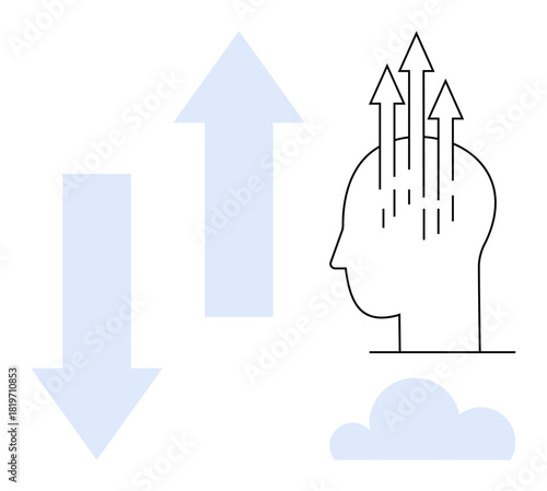 Growth concept. Growth ed by a human head with upward arrows indicating progress. Growth in innovation, self-improvement, and mental clarity. For education, business, motivation, and success