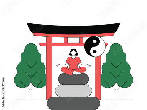Woman meditating on stacked stones near a torii gate and yin yang