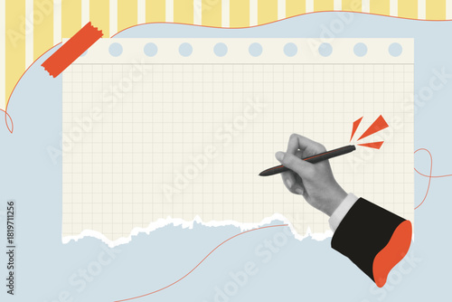hand is holding a pen and writing in empty paper Halftone hand effect in collage style with cut out paper. Hand with pen is writing on the paper, trending collage desifn vector 